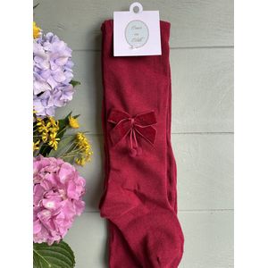 Omer en Odille - kousenbroek met velvet strik en pomponnetjes - bordeaux - maat 0-1 jr