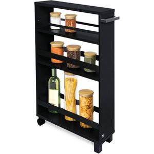 Opbergtrolley 50x79x15 cm - Keukentrolley Met 2 Wieltjes & 2 Poten - Serveerwagen Hout Met 3 Planken & FSC® Werkblad - Smalle Opbergruimte Onder Bureau Voor Keuken, Badkamer, Kantoor - Zwart