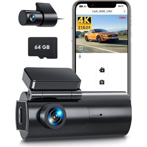 Dual Dashcam - Dashcam Voor Auto 4 K/2,5 K Wifi - Voor en Achter Camera – Inclusief 64GB SD-Kaart – Auto Camera Met Nachtzicht – G-Sensor – App bediening