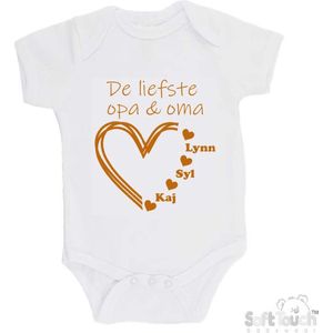 100% katoenen Romper ""De liefste opa & oma met de namen van 3 kleinkinderen"" Unisex Katoen Wit/tan Maat 56/62