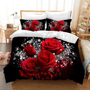 Beddengoed voor meisjes, roze, kleurrijke bloemen, rode roos bedrukt beddengoed, troosterset, 3D romantische bloem, dekbedovertrek, microvezel dekbedovertrek met ritssluiting (Rozen, 200 x 200