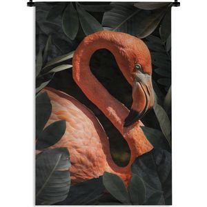 Wandkleed FlamingoKerst illustraties - Portret van een flamingo tussen de bladeren Wandkleed katoen 120x180 cm - Wandtapijt met foto XXL / Groot formaat!