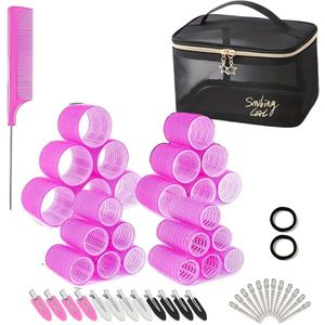52-delige Warmtevrije Haar Krulset – Zelfgrijpende Krulstokjes voor Lang, Medium & Kort Haar – Inclusief Haarclips, Haarring & Ratstaartkam – Lui Krullen, Air Bangs & DIY Salon Hairstyling - Roze T
