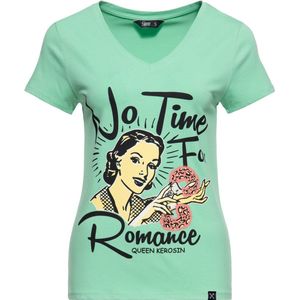 Queen Kerosin Damen Basic T-Shirt V Hals ''No Time'' QKU41016 Mint-L