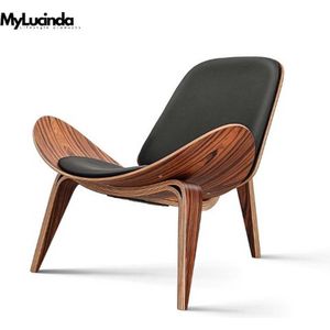 Mylucinda® - Luxe Nordic Lounge Stoel - Driepotig Schelpontwerp - Zwart Walnoot Multiplex & Hoogwaardig Kunstleer - Perfect voor de Woonkamer