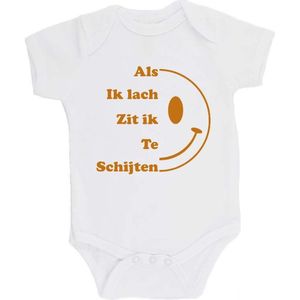 100% katoenen Romper bedrukt met grappige tekst Kado Cadeau Kraamkado Kraamcadeau ""Als ik Lach Zit ik Te Schijten"" Unisex Katoen Wit/tan Maat 68/74