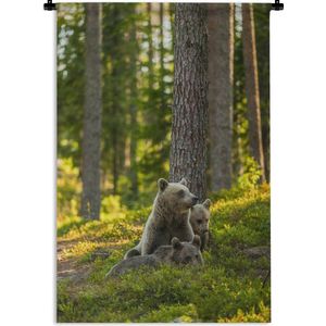 Wandkleed Roofdieren - Bruine beren in het bos Wandkleed katoen 60x90 cm - Wandtapijt met foto
