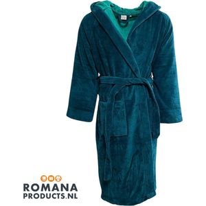 Romana Products Velvet - Badjas met Capuchon - Velvet Petrol - Maat L - Hoogwaardige kwaliteit - Zeer luxe - Ochtendjas - Luxe Badstof van Katoen en Polyester - Heerlijk warm - Super zacht fleece - Binnenzijde katoen - voor sauna en thuisgebruik