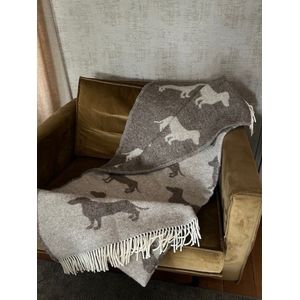 Teckel - plaid - 100% wollen deken - bruin - taupe - teckelprint - teckels - deken - sprei - wol - 130x175cm - chocoladebruin - 2 kleurig - GRATIS TECKEL DEURWIG MEEGELEVERD - teckel plaid - teckel deken