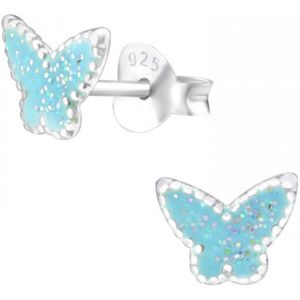 Joy|S - Zilveren vlinder oorbellen - 7 x 6 mm - blauw met glitter - oorknoppen