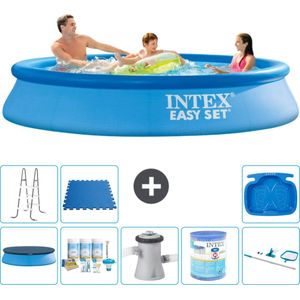 Intex Rond Opblaasbaar Easy Set Zwembad - 305 x 61 cm - Blauw - Inclusief Afdekzeil - Onderhoudspakket - Zwembadfilterpomp - Filter - Schoonmaakset - Ladder - Voetenbad - Vloertegels