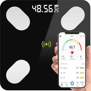 Digitale Bluetooth Lichaamsvetweegschaal met Lichaamsanalyse en App voor iOS en Android - Slimme Personenweegschaal voor Spiermassa, Lichaamsvet, BMI, en Meer