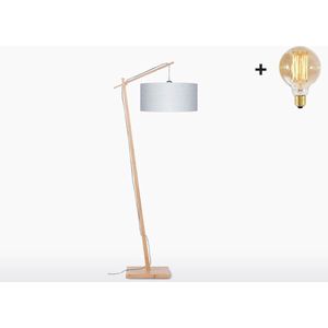 Vloerlamp – ANDES – Naturel Bamboe - Lichtgrijs Linnen - Met LED-lamp
