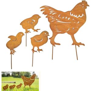 4 stuks schattige metalen tuindecoratie kippenfamilie met patina en kuikens - roeststeker