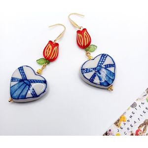 Jeannette-Creatief® - Holland - Oorhangers Hart Molen Tulpen Goud RVS - Souvenirs - Souvenir - Keramieke Kralen - Oorbellen met Tulpen - Oorbellen - Cadeautje - Uniek Handgemaakt Sieraad - Uniek - Handgemaakte Sieraden - Moederdag