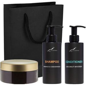 Douchepakket - Shampoo Sweet Orange & Cedarwood + Coconut Conditioner + Scrubzout 300 gram - 300 ml per fles - set van 3 stuks - met luxe gift tas - cadeau - giftset voor hem en haar