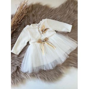 luxe feestjurk-bruidsjurk-doopjurk-doopkleding-bruidsmeisjes-doopsel-bruiloft-verjaardag-fotoshoot-tule jurk met effen jasje-baby jurk-tweedelige set-effen katoenen jurk-sierstrikjes- steentjes- wit ivoor goud kleur -maat 86 - 12 tem 18 maanden