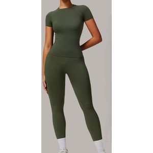 Simple Gym Set - Maat M - Army Green - Groen – 2-delig: Lichtgewicht Sportshirt & High Waist Legging – Ademend – Fitness / Yoga – Dames Seamless Sportwear