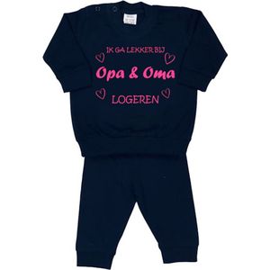 La Petite Couronne Pyjama 2-Delig ""Ik ga lekker bij opa & oma logeren"" Unisex Katoen Zwart/roze Maat 92/98