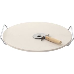 BBQ/oven pizzasteen rond keramiek - 33 cm / 13 inch - met handvaten incl. pizzasnijder - Pizzaplaat/pizzaplaten - Pizza maken