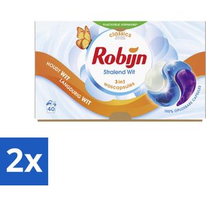 2 x Robijn Wascapsules 3-in-1 Stralend Wit 40 stuks per verpakking - Witte Was - Wascapsules - Wasmiddel - Wasverzorging - Frisse Geur
