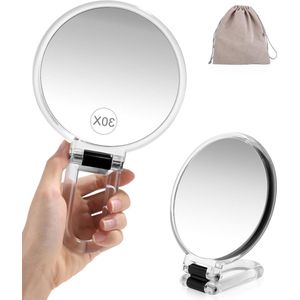 30X Magnifier Double Sided Makeup Hand Mirror with 360° Adjustable Bracket and Velvet Bag