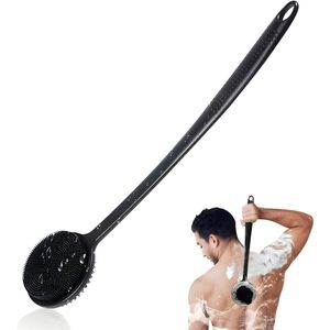 Siliconen body scrubber voor douche met lange steel, dubbelzijdige douche borstel voor exfoliëren en massage, zwart
