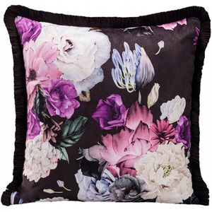 Decoratieve kussensloop 43x43 cm fluweel met franjes, grote bloemen