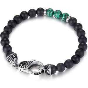 Magnetox X Kingka - Reptile Design - Armband - Zilver + Zwarte Matte Onyx, Groene Malachiet - Roestvrij Staal - Karabijnsluiting - Mannen - 21cm