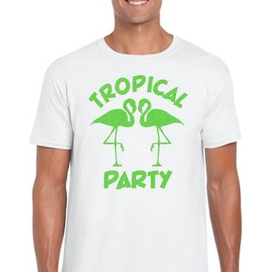Toppers - Bellatio Decorations Tropical party T-shirt heren - met glitters - wit/groen - carnaval/themafeest M