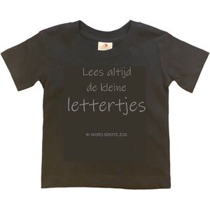 Shirt Aankondiging zwangerschap ""Lees altijd de kleine lettertjes (ik word grote zus)"" | korte mouw | Zwart/grijs | maat 134/140 zwangerschap aankondiging bekendmaking Baby big bro Sis Sister