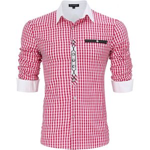 Traditioneel overhemd slim fit heren geruit overhemd casual overhemd overhemd met lange mouwen geborduurd katoen - voor Oktoberfest, carnaval, zaken, vrije tijd Rood M