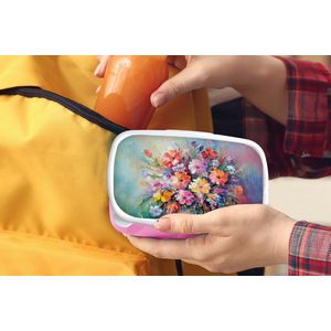 Broodtrommel Roze - Lunchbox Bloemen - Kunst - Schilderij - Lente - Boeket - Brooddoos 18x12x6 cm - Brood lunch box - Broodtrommels voor kinderen en volwassenen