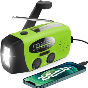 Noodradio met handzwengel en LED-zaklamp – AM/FM weerwaarschuwing radio – 2000 mAh powerbank – Zonne-energie & USB-oplaadbaar – Compacte draagbare noodradio voor kamperen, noodsituaties & stroomuitval – Multifunctionele weer radio – Groen