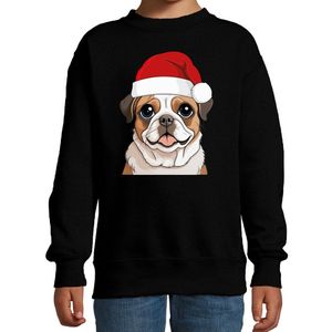 Bellatio Decorations Kersttrui / sweater honden - kinderen - Mopshondje - zwart - kerstmuts - Kerstmis 98/104