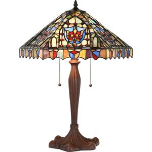 LumiLamp Tiffany Tafellamp Ø 47x60 cm Beige Blauw Glas Kunststof Rond Tiffany Bureaulamp