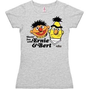 Logoshirt Vrouwen T-shirt Ernie en Bert - Havin'Fun - Sesamestreet - Shirt met ronde hals van Logoshirt - grijs gespikkeld