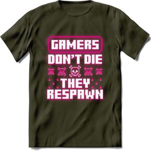 Gamers don't die pixel T-shirt | Neon Roze | Gaming kleding | Grappig game verjaardag cadeau shirt Heren – Dames – Unisex | - Leger Groen - XXL