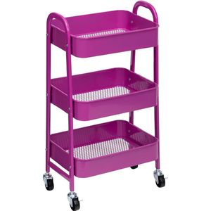 Trolley, 3 verdiepingen, met wieltjes, opbergkar, metaal, handig, voor de kamer of keuken, make-up, badkamer, kantoor, donkerpaars