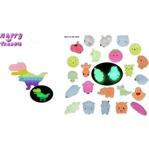 Happy Trendz® Pop it Dino Rainbow Glow in the dark XL + Moochie Squishy Glow in the Dark 4 stuks - Super Cadeau Fidget toys