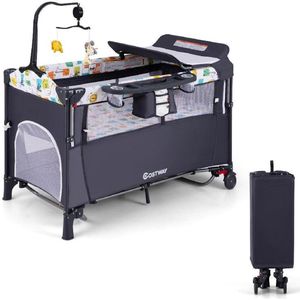 COSTWAY 5-in-1 babybed 120 x 60 cm, 2 niveaus reisbed met matras, aankleedkussen, speelgoed, muziekbox en draagtas, opvouwbaar bijzetbed mobiel 4-traps verstelbaar voor baby's tot 15 kg (zwart)