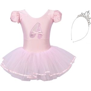 Joya Beauty® Roze balletpakje met tutu en glitterprint | Ballerina jurkje | Ballet Jurk + Kroontje | Maat 110/116 (110) | Cadeau meisje