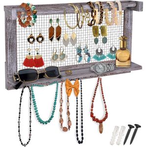 Organizer voor sieraden, wandrek met afneembare armbandstang, met 16 haken, perfecte opslag voor oorringen, halskettingen en armbanden, sieradendisplay