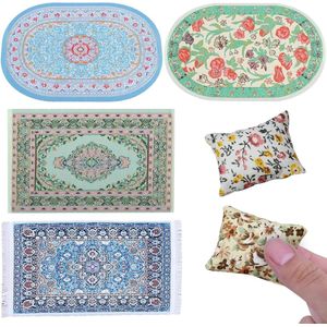 6 Stuks Poppenhuis Accessoires – 1:12 Schaal Poppenhuis Tapijt & Turkse Tapijt – Miniatuur Poppenhuis Set met 2 Kussens – Vloerdecoratie voor Poppenhuizen