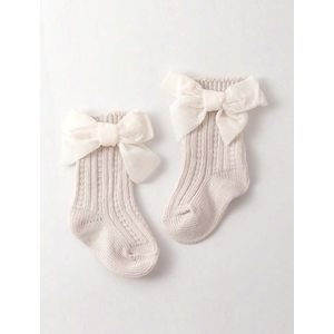 vintage stijl baby sokken met strik- gebreide sokken beige- eenkleurige meisjes sokken- velvet strikje
