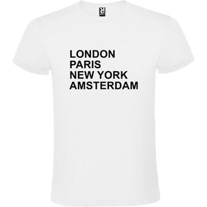 Wit T-shirt 'LONDON, PARIS, NEW YORK, AMSTERDAM' Zwart Maat XS