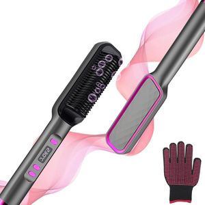 Stijlborstel -stijltang en krultang 2 in 1-krultang-Haarborstel - Ringborstel - Negatieve ionenwarmteborstel voor dames - Snelle opwarming in 10 seconden van 160°C tot 220°C - Met LED-display - Zwart - 27x4,5 cm