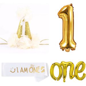 Luxe ivoor wit met gouden eerste verjaardag set I am One - eerste - verjaardag - cakesmash - i am one - sjerp - ballon