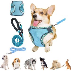 Hondenvest Blauw Ademend Gaas Verdikt Gewatteerd Vest + 2 Tractietouw Aluminium Veiligheidsgesp (XS 34 ~ 40 cm)