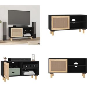 vidaXL Tv-meubel 80x30x40 cm massief grenenhout en rattan zwart - Tv-kast - Tv-kasten - Tv-meubel - Hifi-meubels